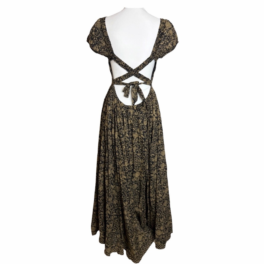 Free People Ultraviolet Maxi Dress L Black Brown Floral Smocked Boho Whimsigoth - Picture 5 of 13